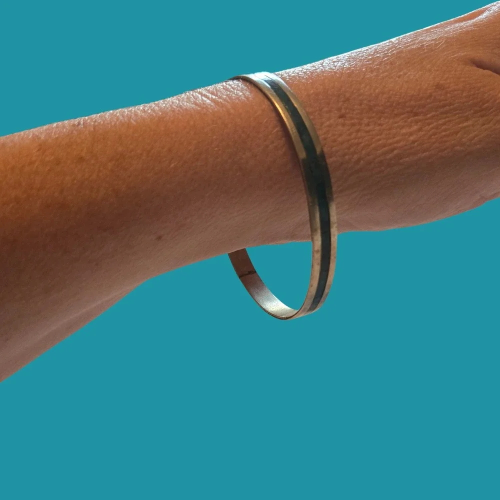 Vintage Alpaca Silver Bangle Bracelet Teal Turquoise Inlay Southwestern Boho